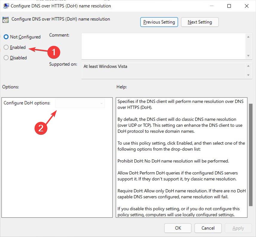 Параметры Configure DoH в редакторе групповой политики Windows