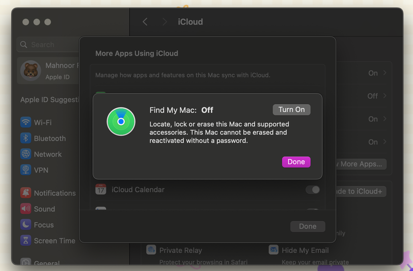 Окно «Найти Mac» в Системных настройках macOS