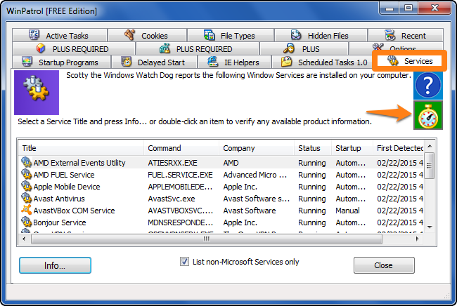 Список служб Windows в WinPatrol с метаданными о состоянии и поставщике