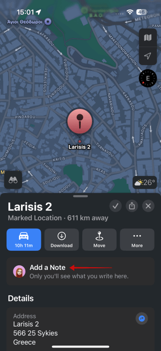 Опция «Добавить заметку» для брошенной метки в Apple Maps.