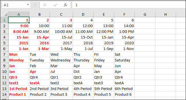 Примеры встроенных рядов: дни, месяцы, даты и другие шаблоны, продолженные Excel