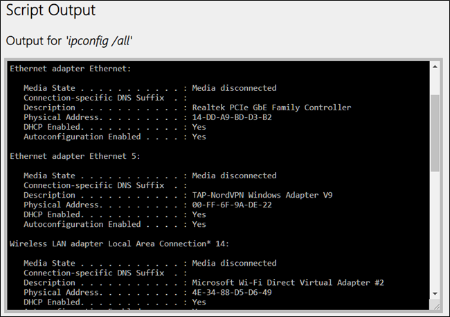 Вывод команды ipconfig /all с информацией о сетевых интерфейсах