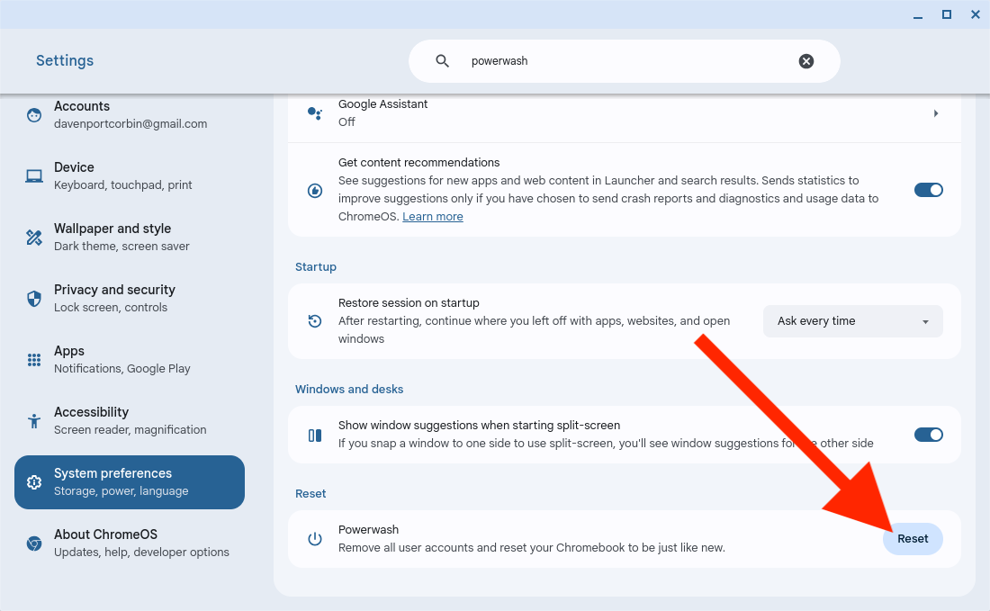 Кнопка «Сброс» в настройках Chrome OS.