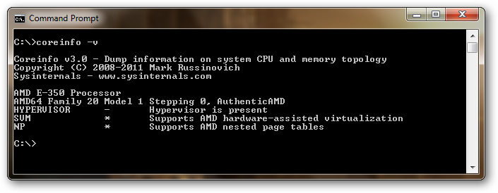 Скриншот: пример вывода Coreinfo с отмеченной поддержкой NPT для AMD