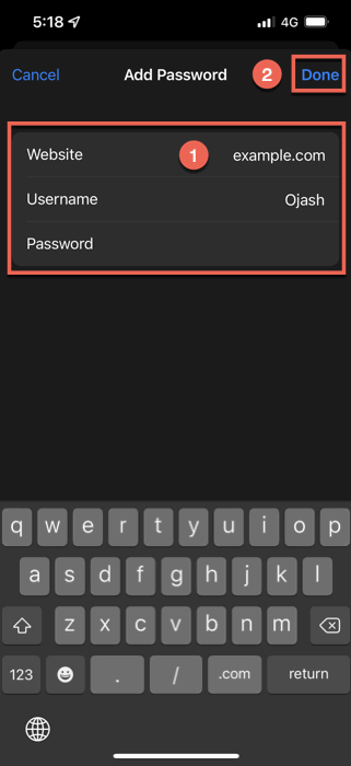 Изображение: Форма для добавления нового логина и пароля в iOS