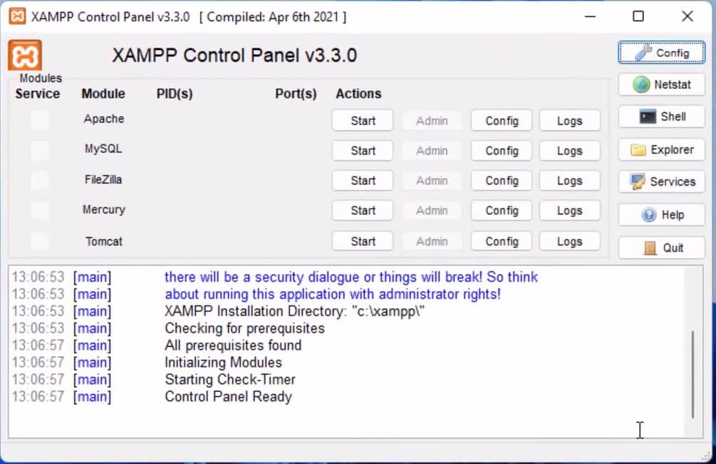 XAMPP Control Panel с запущенными Apache и MySQL