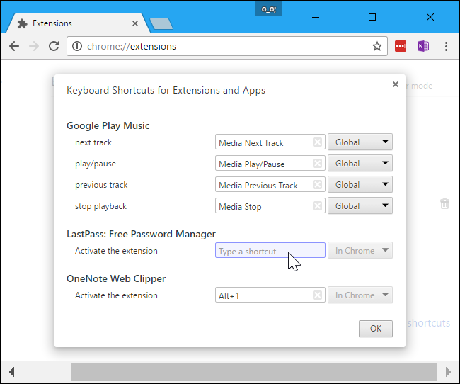 Пример назначения клавиш для плеера Google Play Music с опцией «В Chrome» или «Глобально»