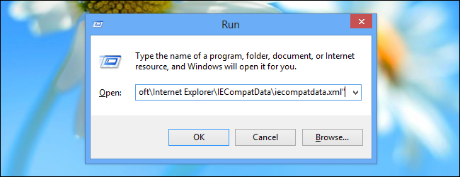Диалог «Выполнить» с командой для открытия файла iecompatdata.xml