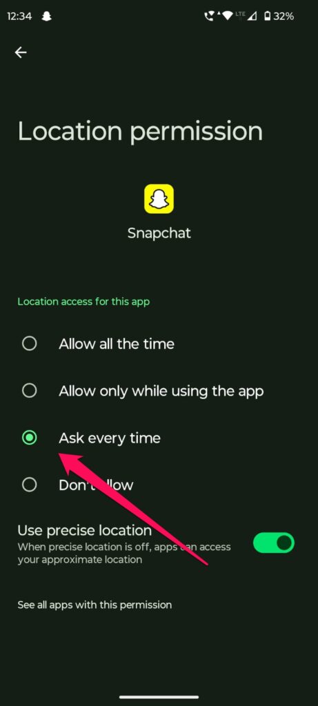 Удаление доступа к местоположению для Snapchat в настройках Android