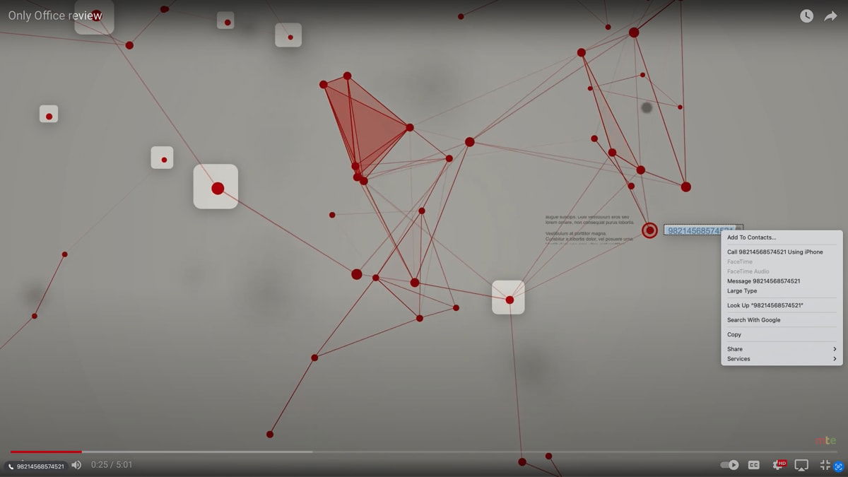 Действия для выделенного текста в видео
