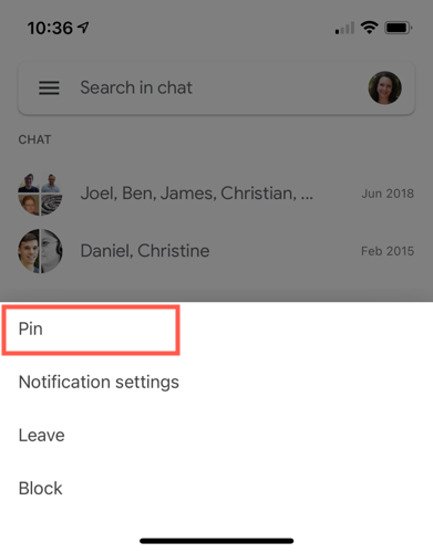 Нажмите и удерживайте беседу: меню с опцией «Закрепить»