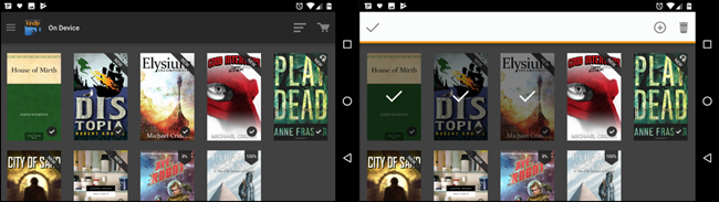Список книг в приложении Kindle на смартфоне; показано выделение для удаления