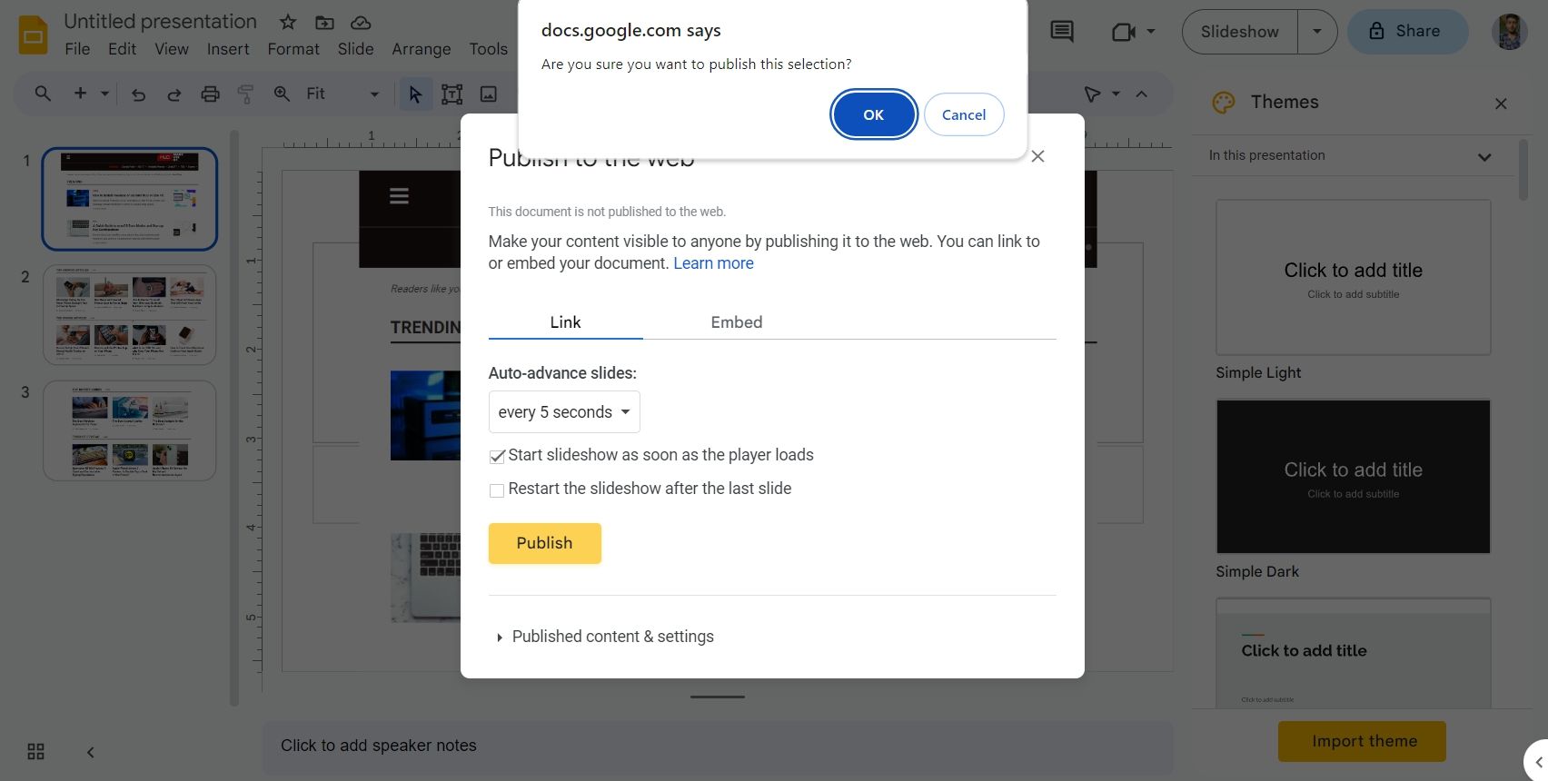 Окно подтверждения публикации в Google Slides
