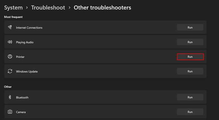 Кнопка «Запустить» рядом со средством устранения неполадок принтера