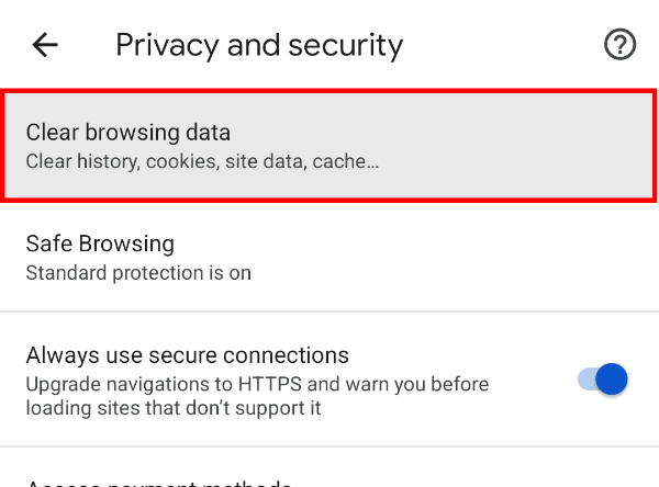 Выбор пункта «Очистить данные просмотра» в настройках конфиденциальности.