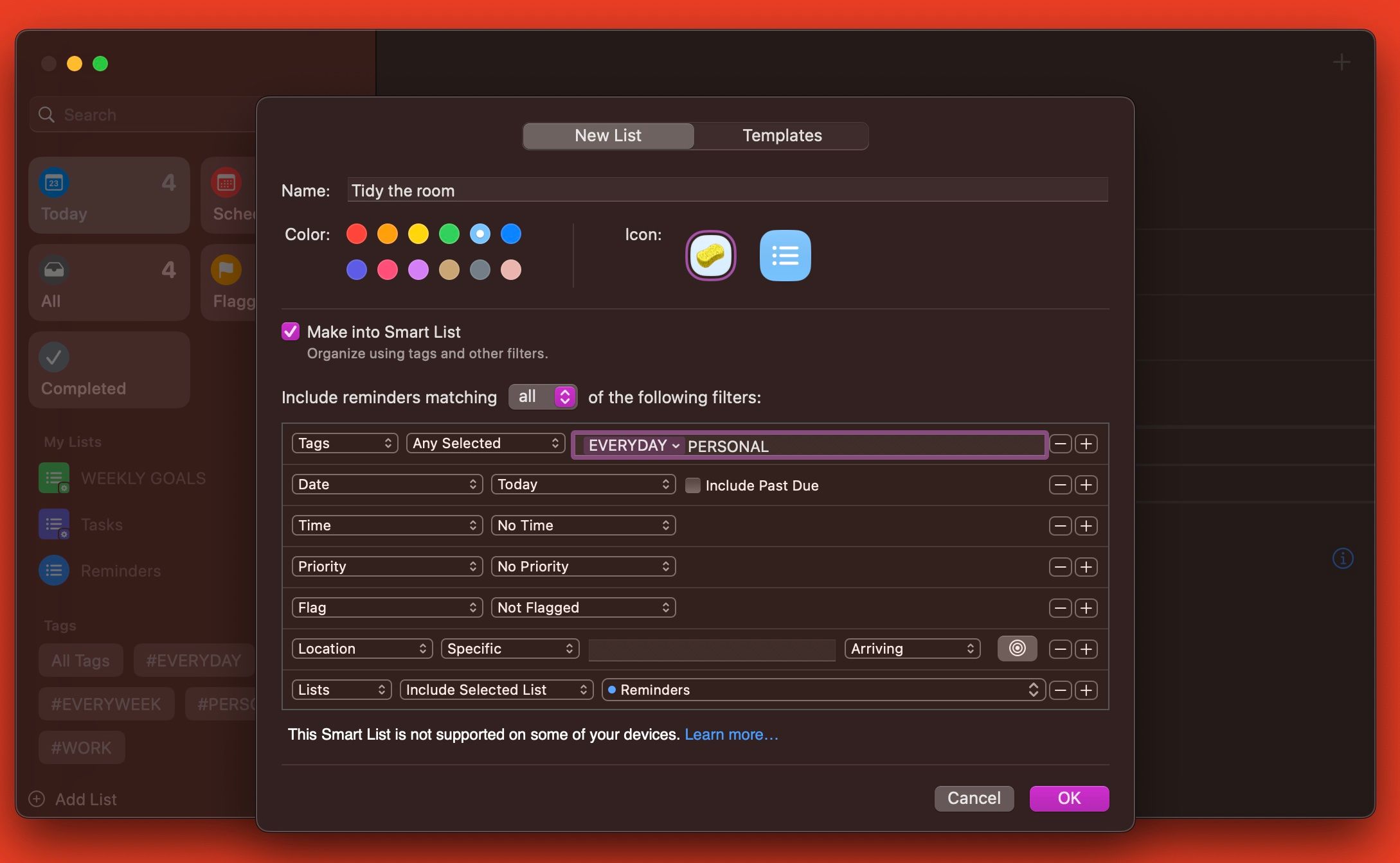 Окно создания нового списка в приложении «Напоминания» для Mac