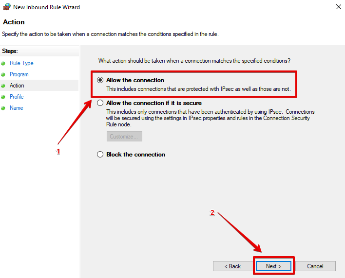 Разрешить подключение в правиле брандмауэра