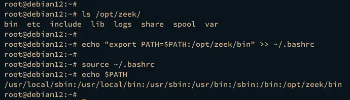 Проверка PATH и добавление /opt/zeek/bin