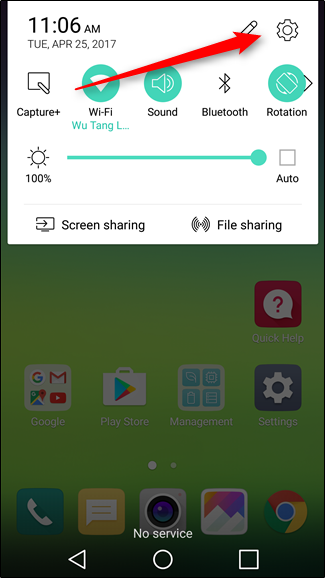 Скриншот: шторка уведомлений Android и иконка настроек на LG