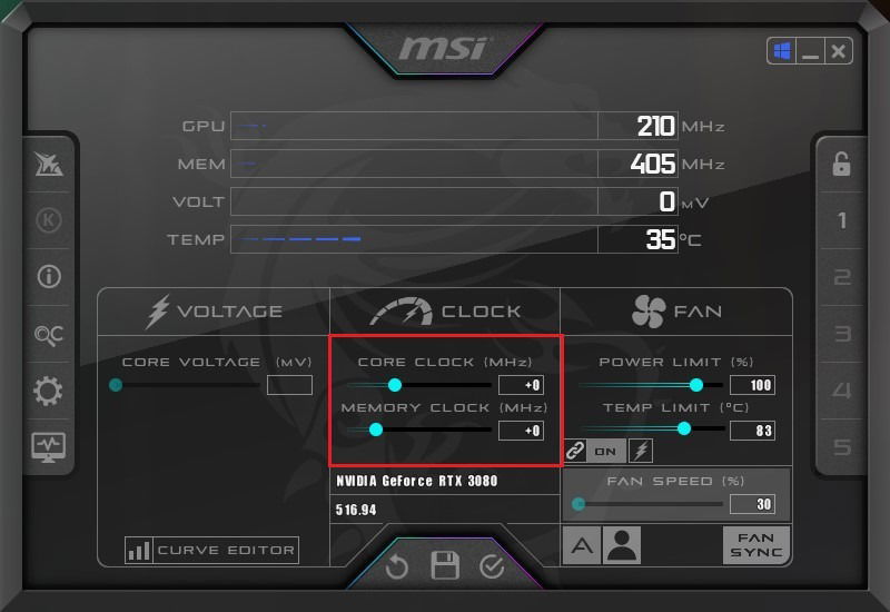 Слайдеры Core Clock и Memory Clock в MSI Afterburner