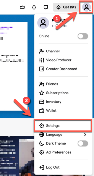 На сайте Twitch нажмите на значок аккаунта в правом верхнем углу и выберите 
