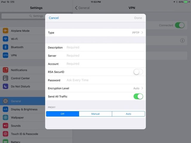 Настройка PPTP VPN в iOS: форма добавления конфигурации и параметры