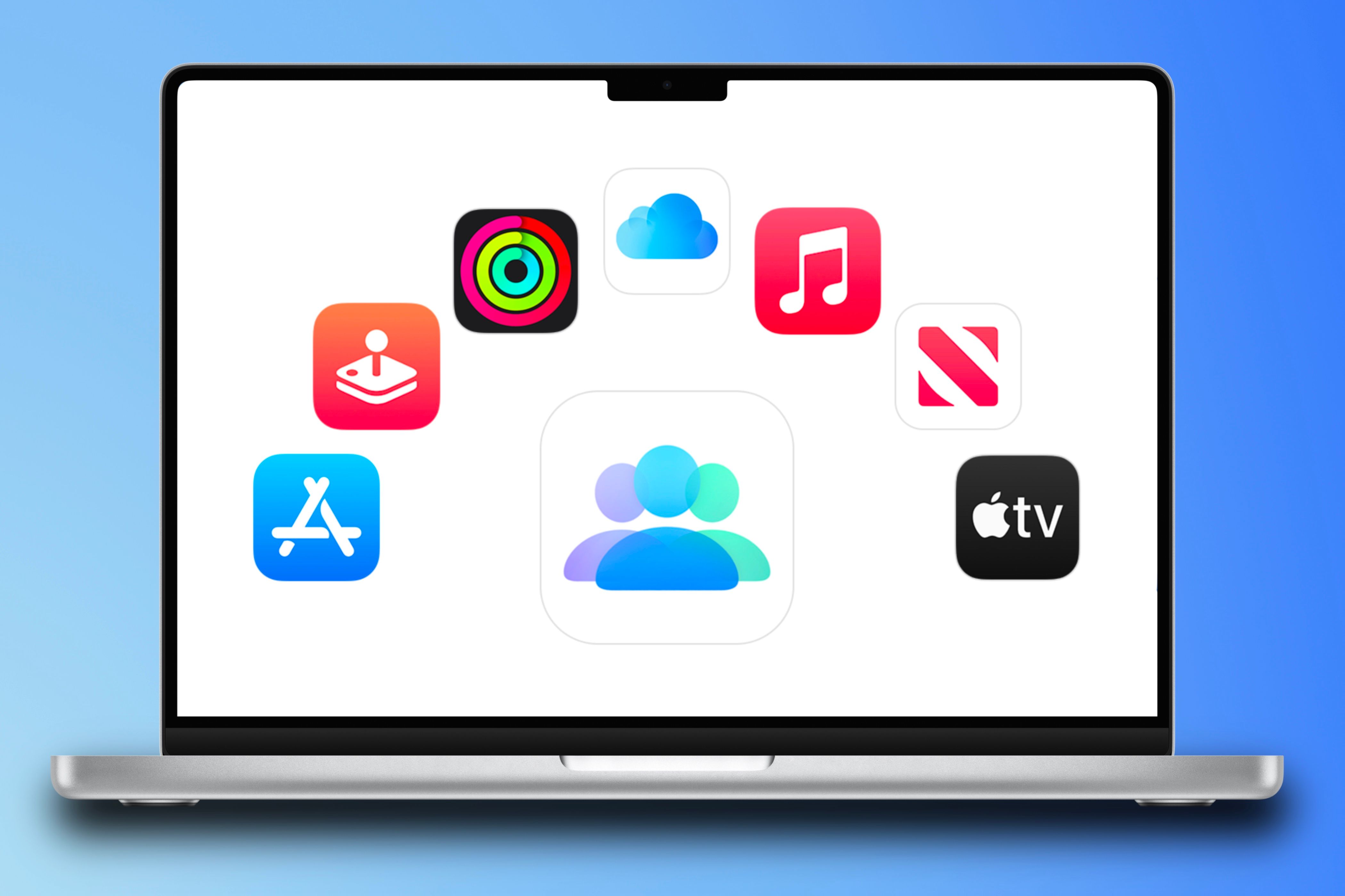 Иконка Family Sharing и сервисы Apple One на экране MacBook Pro.