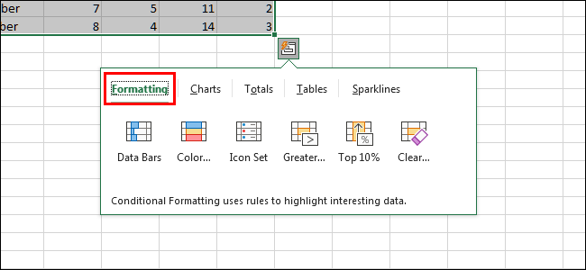 Опции форматирования в Quick Analysis