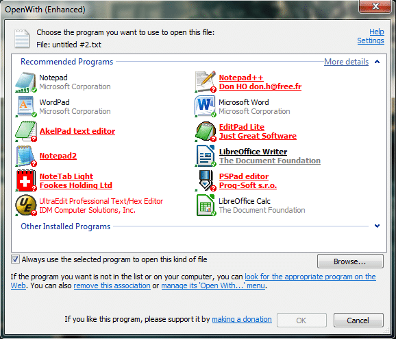 OpenWith Enhanced mostrando lista de apps para abrir arquivo