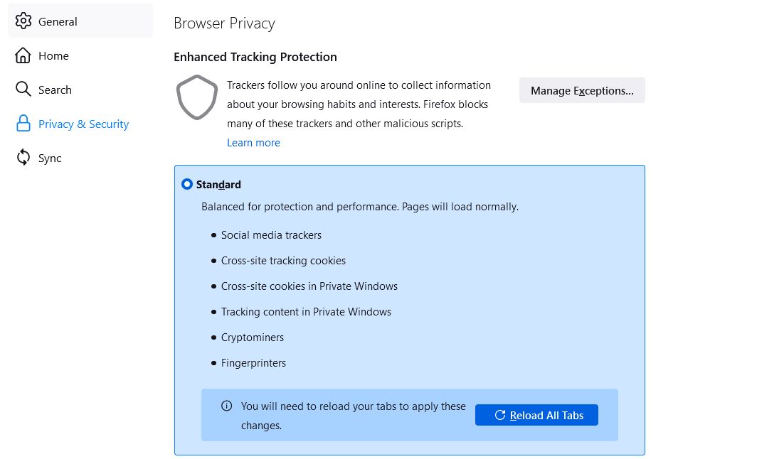 Настройки усиленной защиты от отслеживания в Firefox