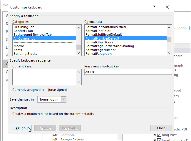 Поле ввода нового сочетания клавиш и пример Alt+N
