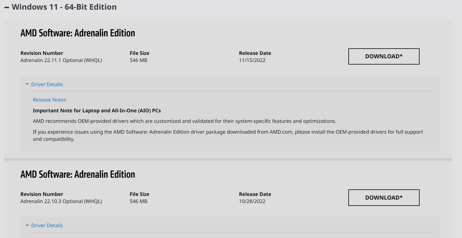 Ссылка на предыдущие версии драйверов на сайте AMD