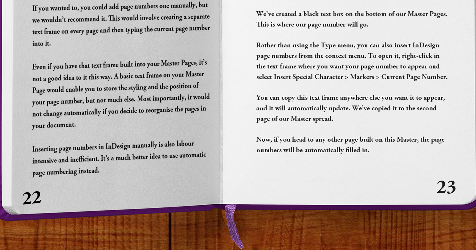 крупный план книги в InDesign с видимыми номерами страниц