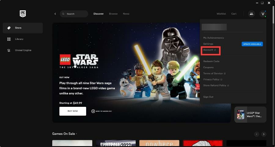 Пункт меню Account