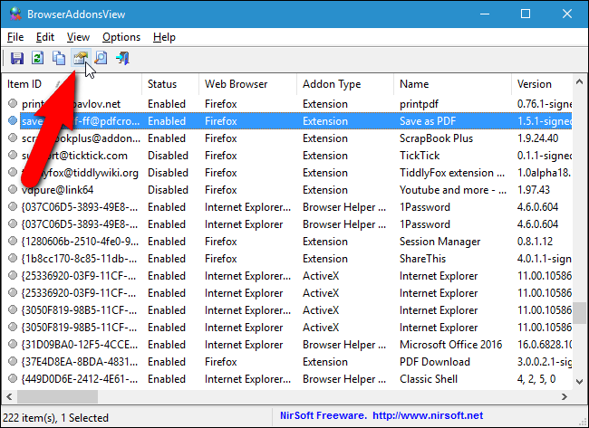 Открытие окна свойств расширения