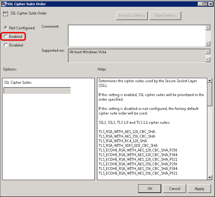 グループポリシーエディターでSSL Cipher Suite Orderを編集する画面のスクリーンショット