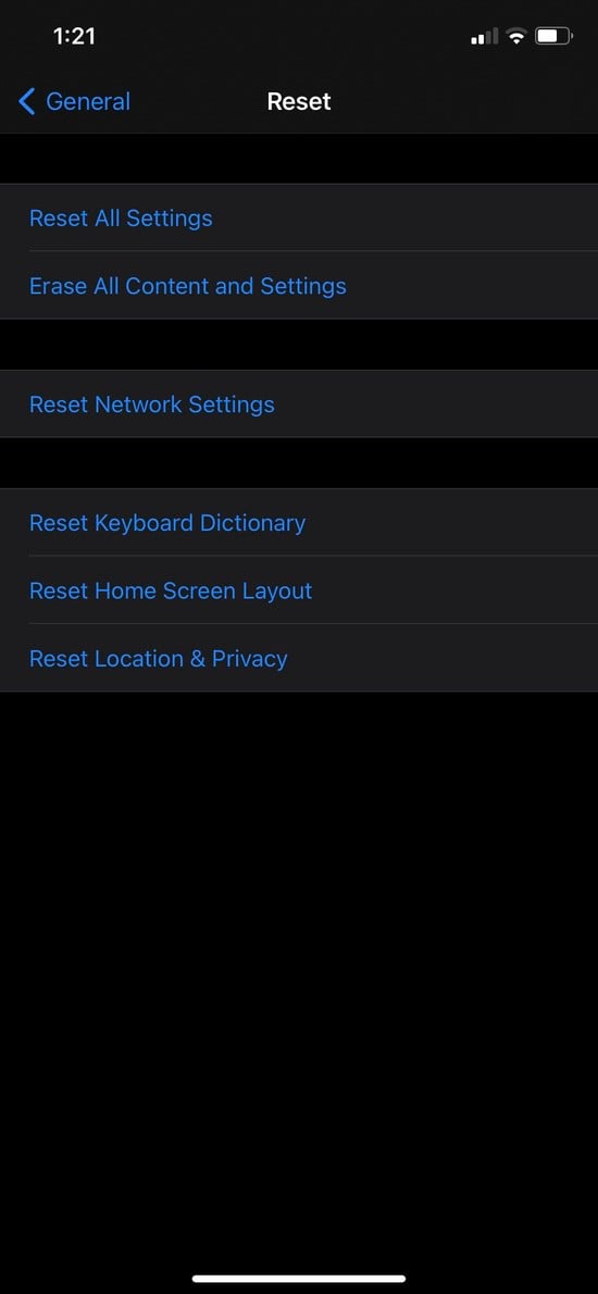 Опция Сброс словаря клавиатуры в iOS