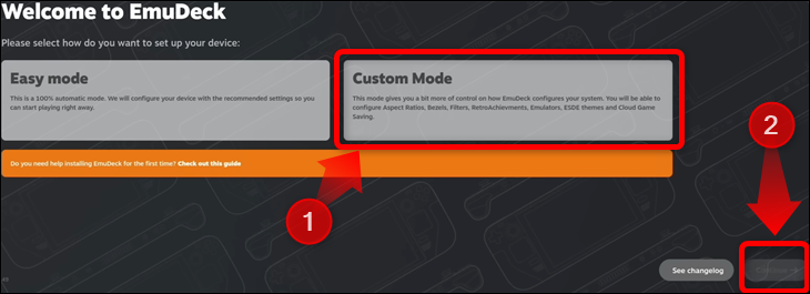 После установки выберите режим Custom Mode в EmuDeck