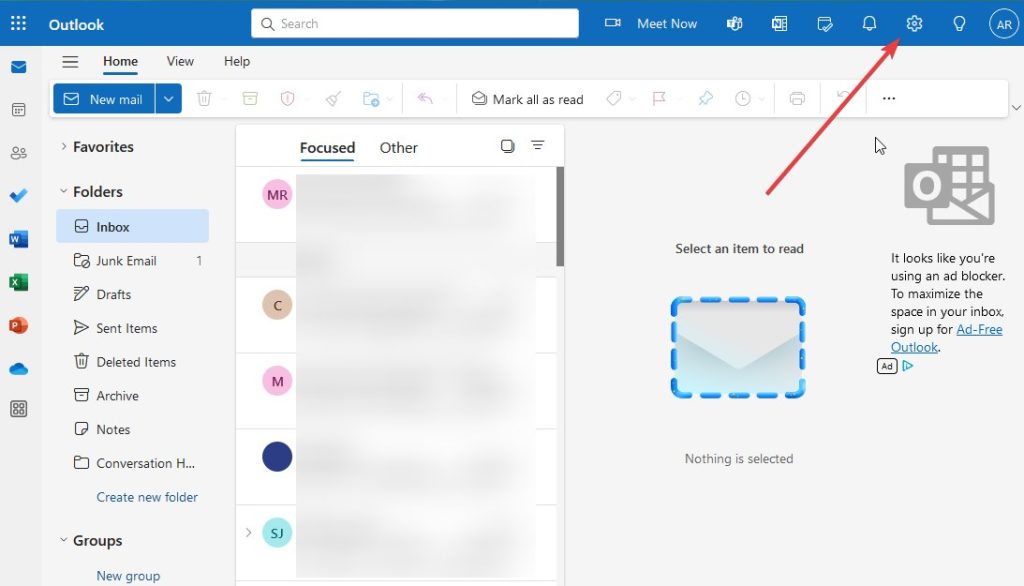 Значок настроек в Outlook.com