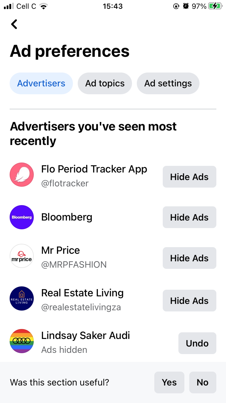 Список рекламодателей в Facebook