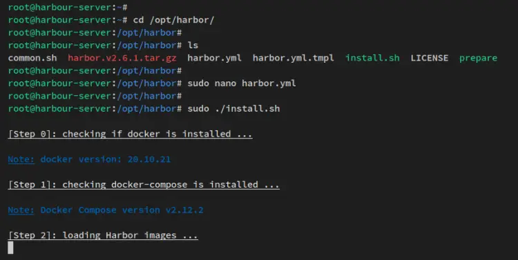 Запуск установки Harbor: вывод install.sh