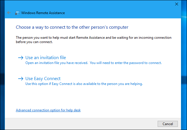 Подключение через файл приглашения или Easy Connect в Remote Assistance