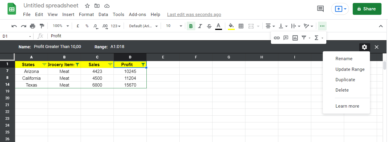 Другие настройки представления фильтра