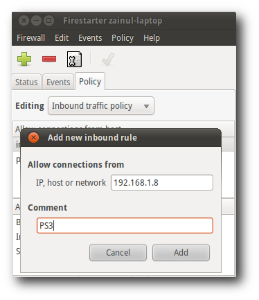 Правило файервола Firestarter с добавленным IP PS3