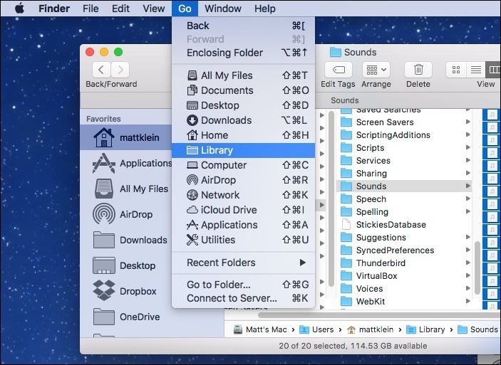 Меню Finder с опцией 'Library' при нажатой клавише Option