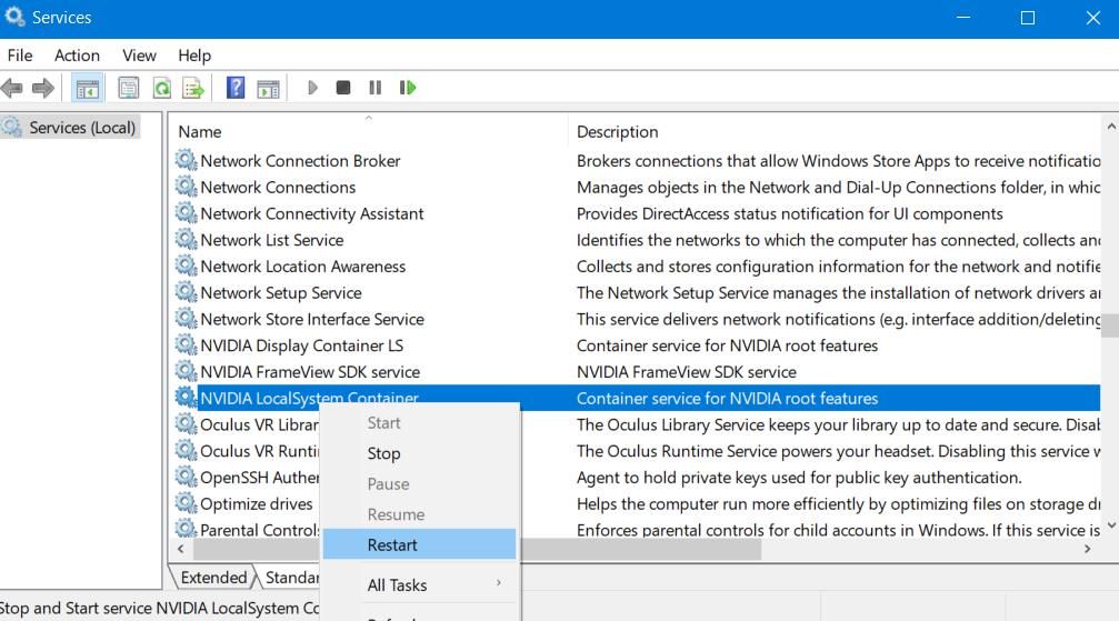 The Restart option for a NVIDIA service