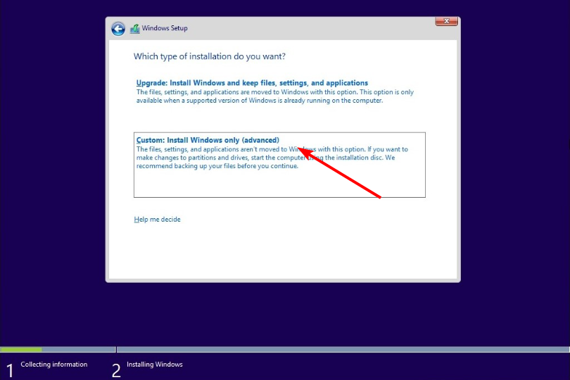 Выбор: пользовательская установка (Custom install)