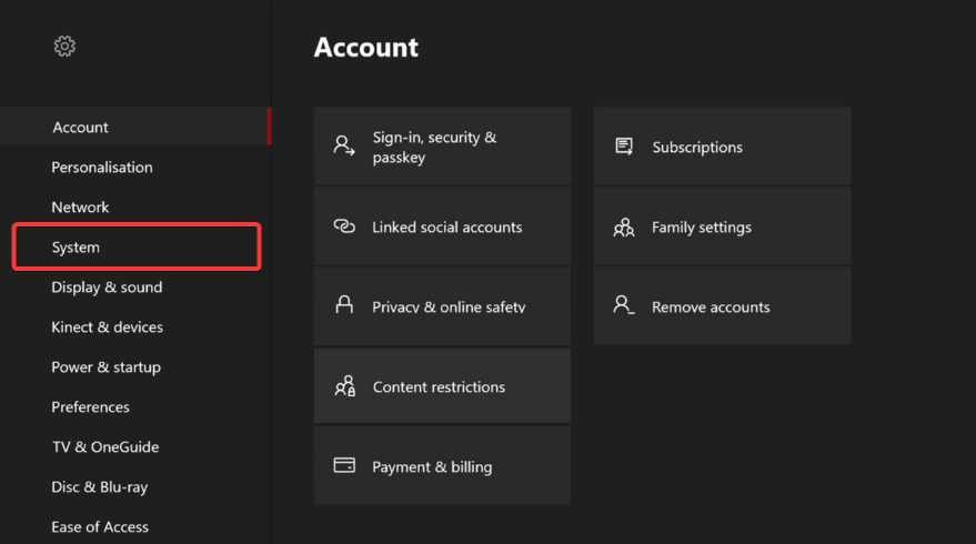 Раздел Система в настройках Xbox