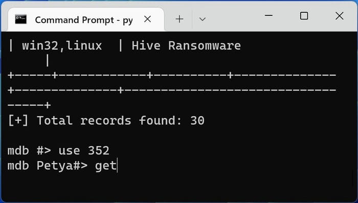 Команда get для скачивания выбранного зловреда в theZoo