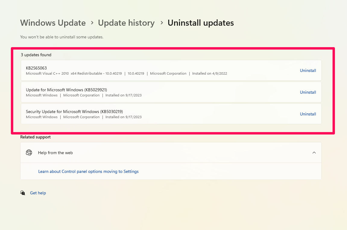 Откат обновления Windows